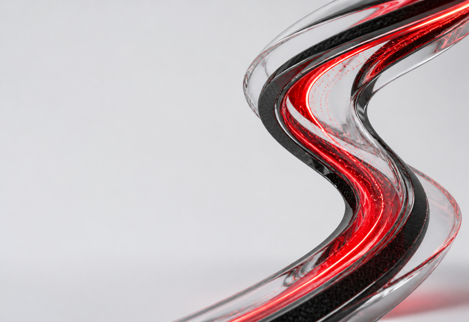 Abstract red, black, and clear glass data ribbon